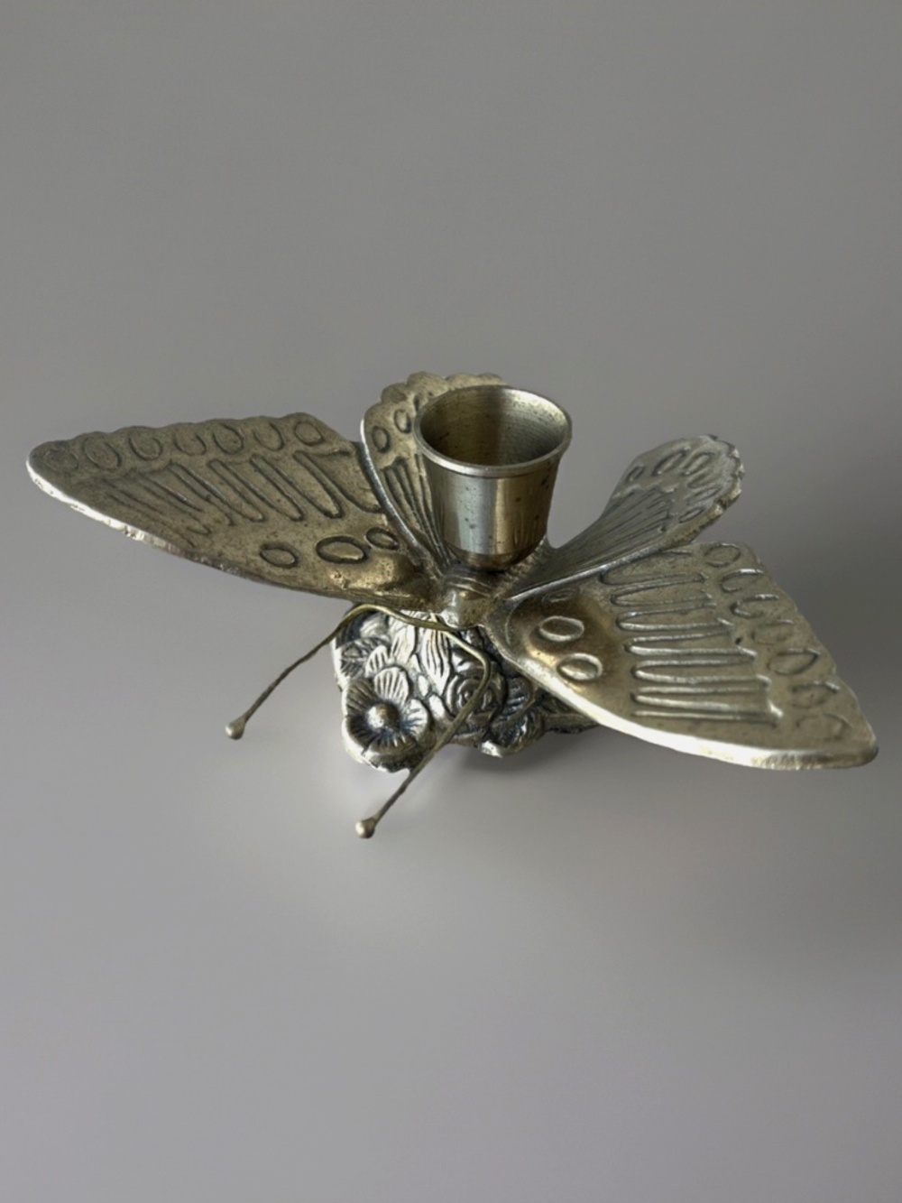 Vintage Lg Solid Brass Butterfly Candle Holder Flower Base Detailed Wings 5.5”